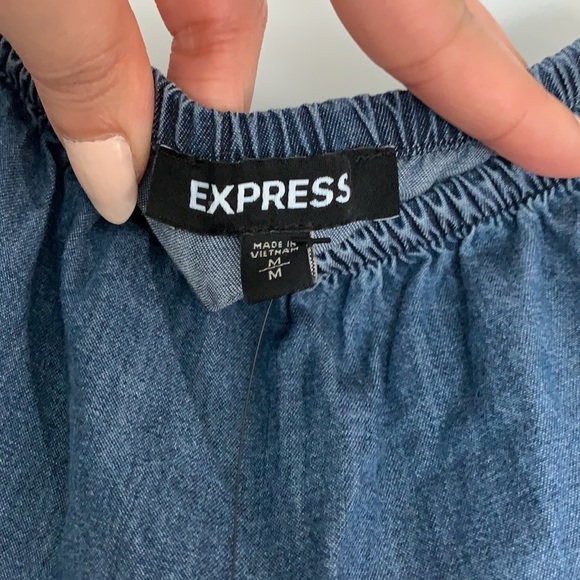 EXPRESS | Denim Square Neck Tiered Mini Dress - Picture 4 of 17